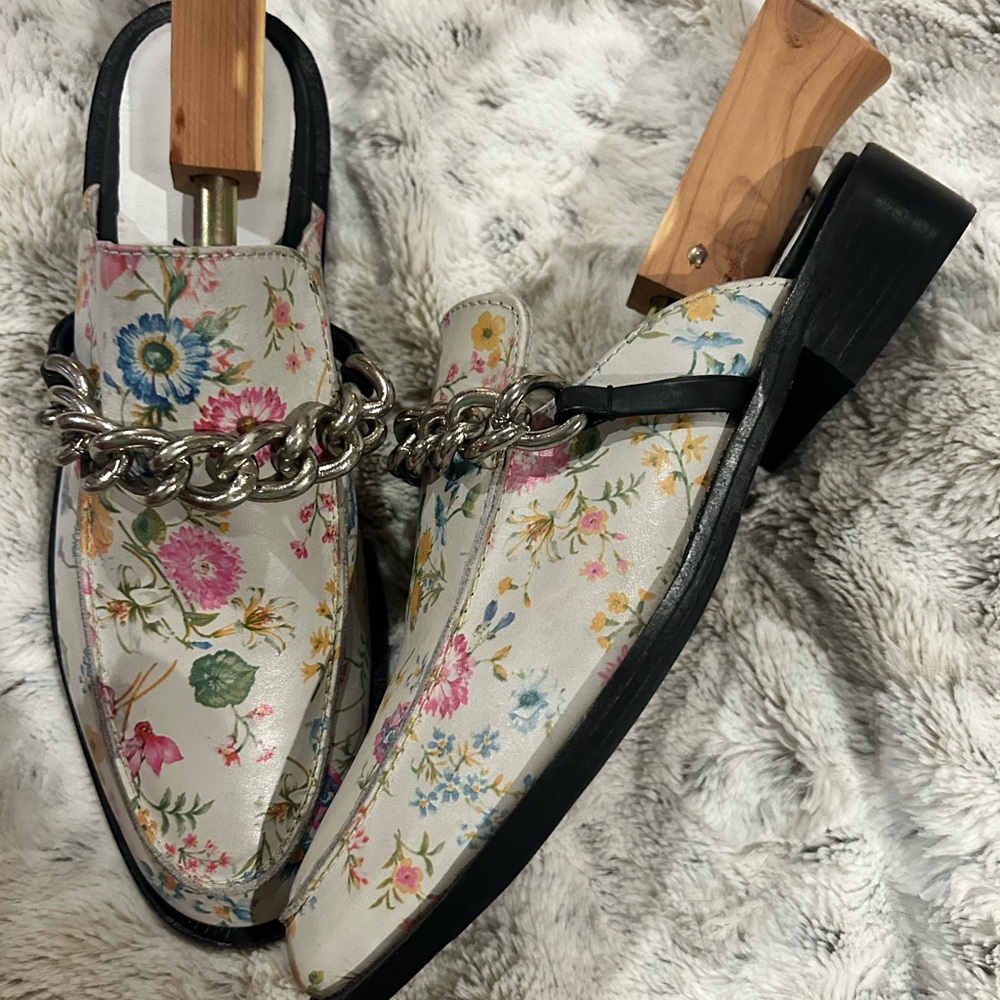 Free People Vida Leather Chain Mules in Ivory Floral, Size 39 - Picture 2 of 6